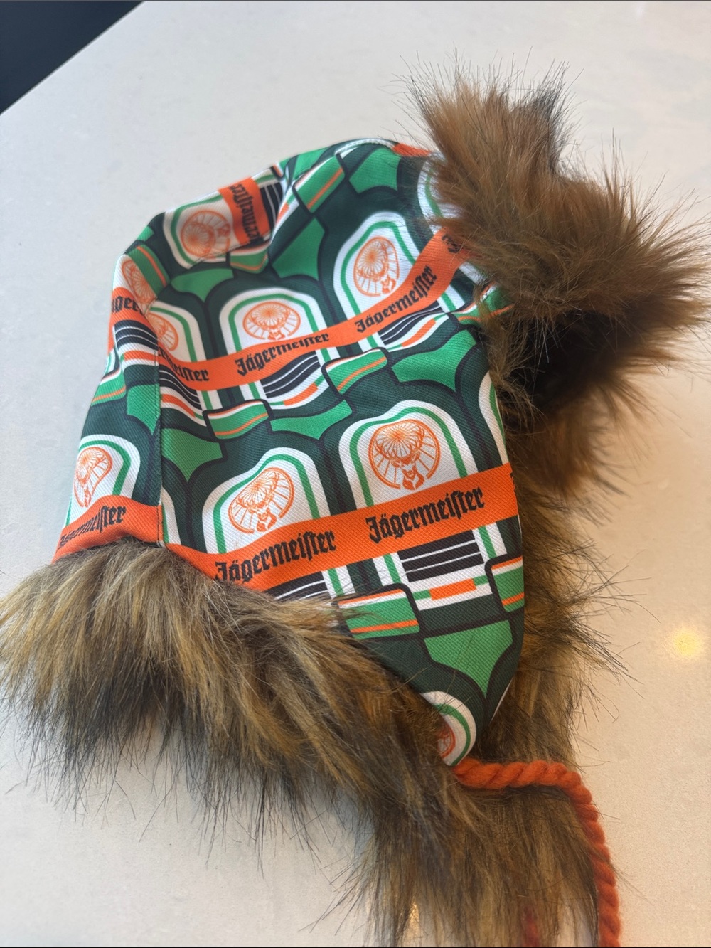 Jagermeister Green Orange Faux Fur trapper  Hat.